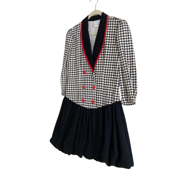 Vintage 80s Black White Houndstooth Double Breasted Bubble Hem Dress Sz Medium - Picture 16 of 16
